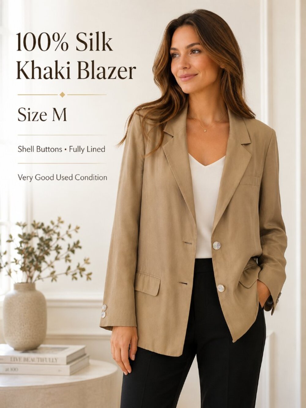 100% Silk Khaki Blazer Shell Buttons Fully Lined Women’s Size M